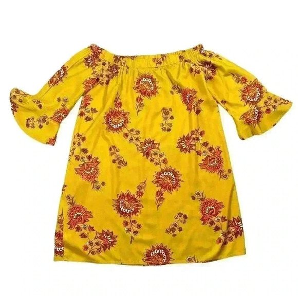 Old Navy Mustard Floral Off Shoulder Bell Sleeve Dress Size Large - Picture 2 of 6